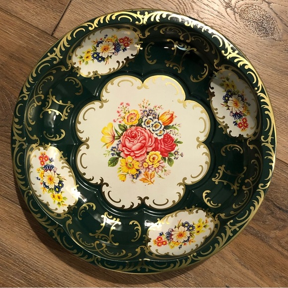 Daher Decorated Ware Metal Bowl - Green with Florals & Gold Accents - Picture 2 of 10